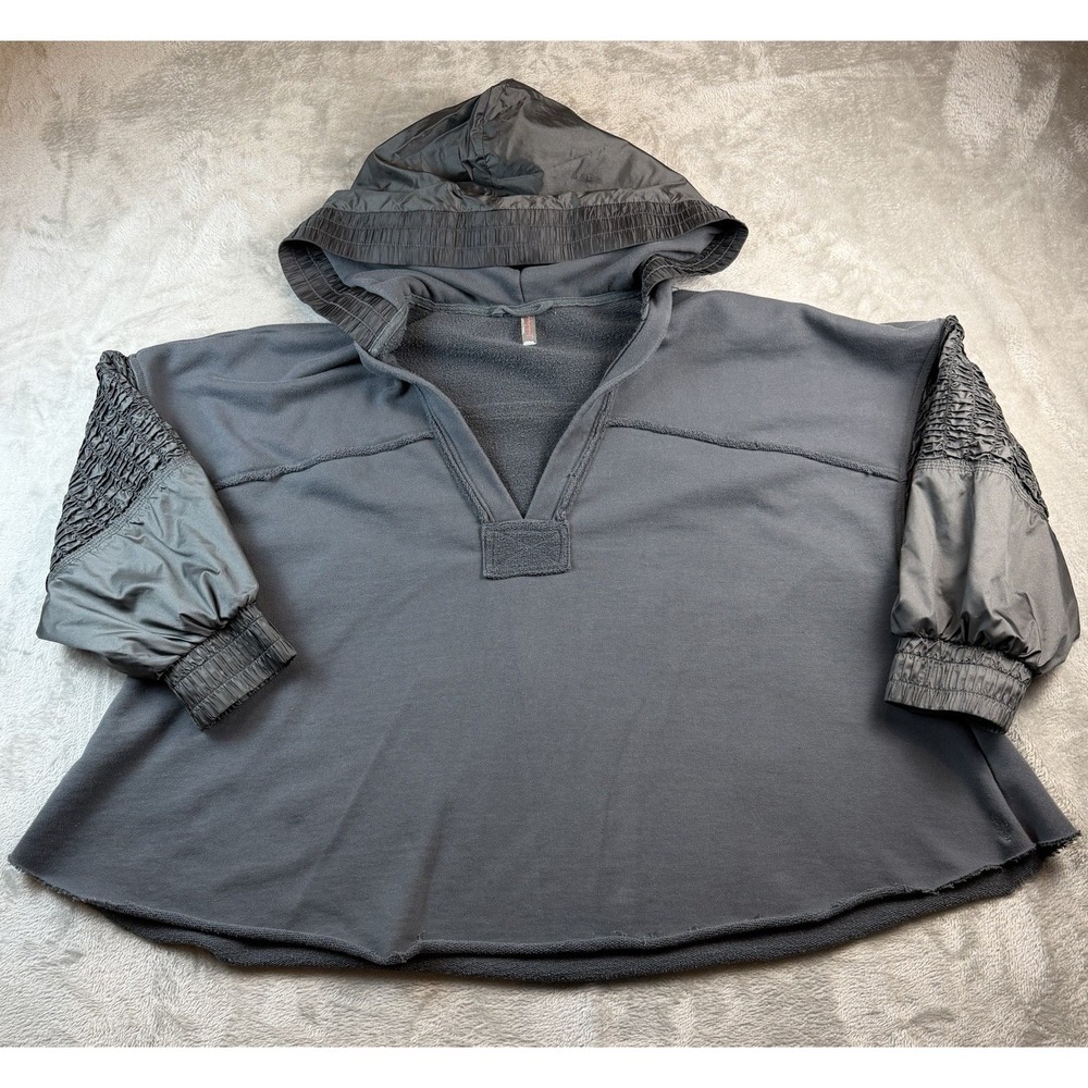 Free People FP Movement Hoodie Gray Large Oversized Mixed Media Smocked‎ Sleeves
